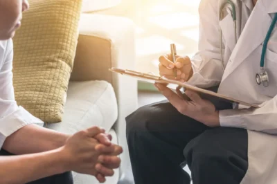 Woman patient having consultation with doctor (gynecologist or psychiatrist) and examining  health in medical gynecological clinic or hospital mental health service center